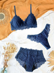 Trio menstruels : 2 bas menstruels et un soutien-gorge dentelle bleue